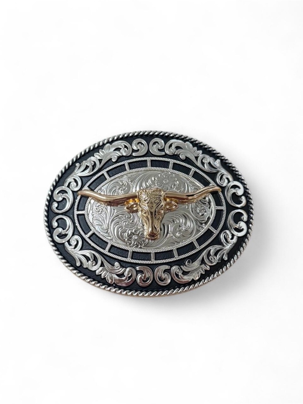 Western Longhorn Oval Belt Buckle in Silver and Gold